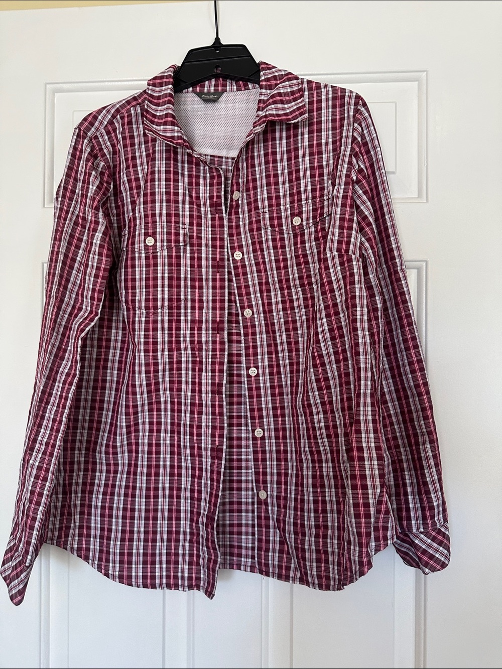 Eddie Bauer Women's Maroon and White Plaid Shirt